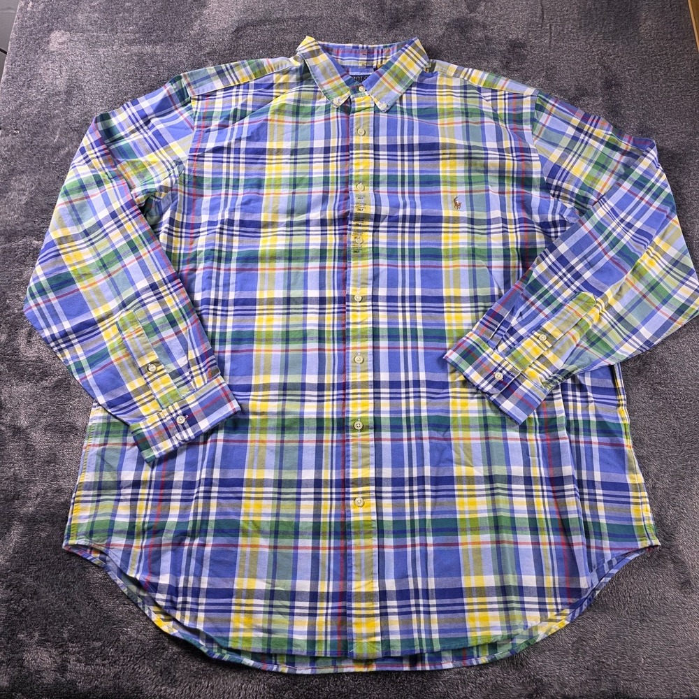 Polo Ralph Lauren Gingham Oxford Shirt Mens 2XLT Blue Yellow Plaid Short Sleeve
